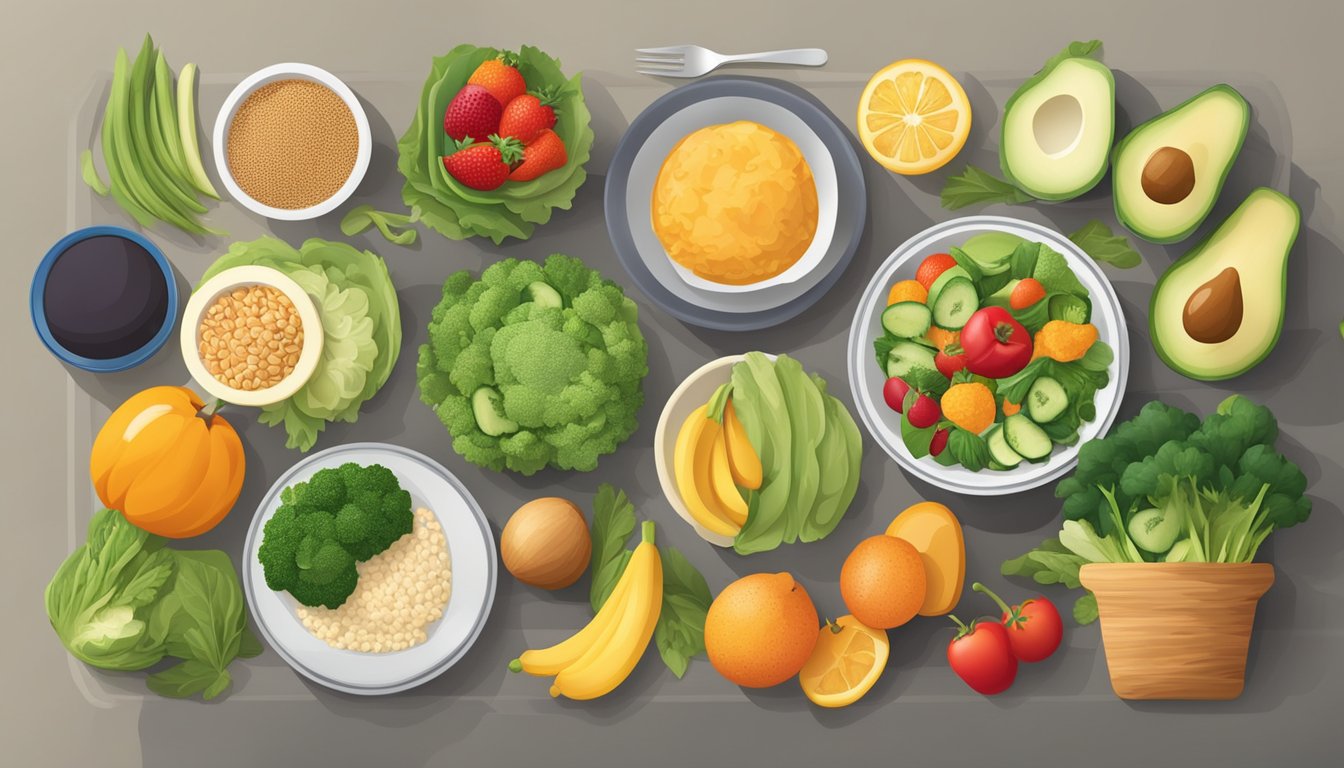 A table set with a variety of healthy foods including vegetables, lean proteins, whole grains, and fruits, with a focus on portion control and balanced nutrition