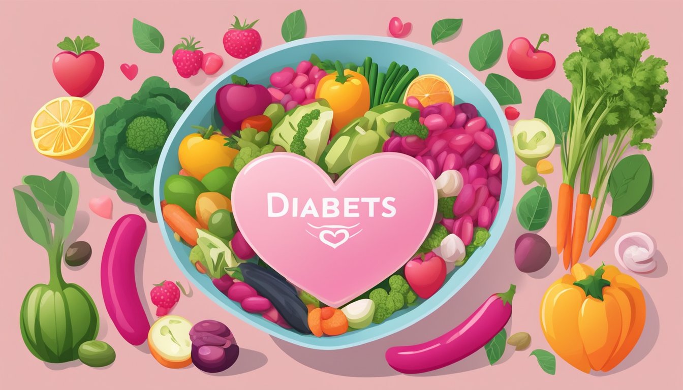 A colorful bowl of pink beans surrounded by various fruits and vegetables, with a diabetes-friendly label and a heart symbol to represent health benefits