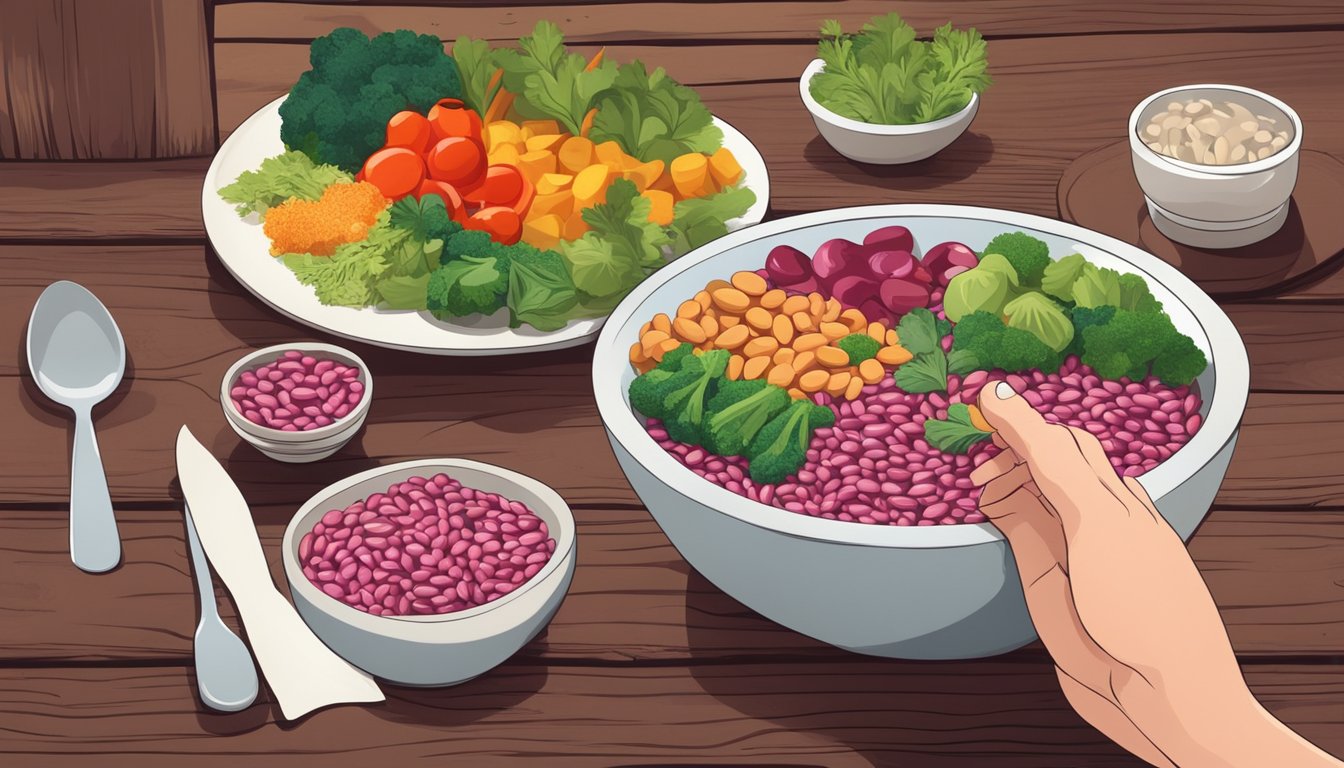 A diabetic person enjoying a bowl of cooked pink beans with a variety of colorful vegetables and herbs on a rustic wooden table