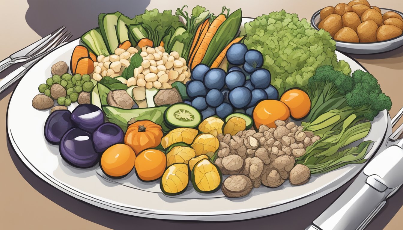 A plate with a variety of diabetic-friendly foods, including vegetables, lean protein, and whole grains, with periwinkles as a focal point