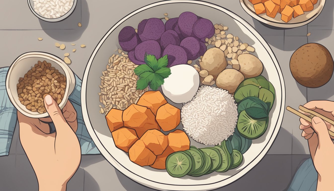 A bowl of poi surrounded by various carbohydrate-rich ingredients like taro, sweet potato, and rice. A diabetic individual looks at the poi with uncertainty