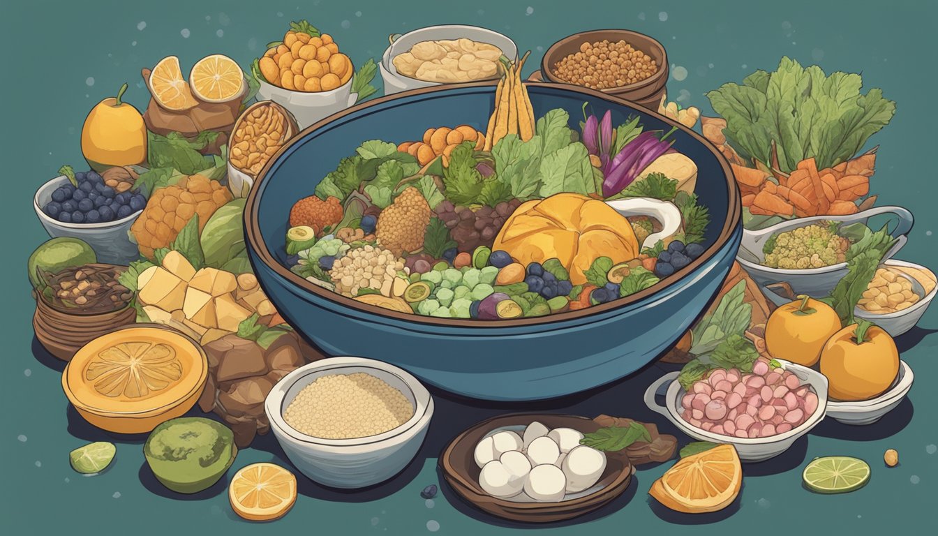 A bowl of poi surrounded by various foods, with a question mark above it