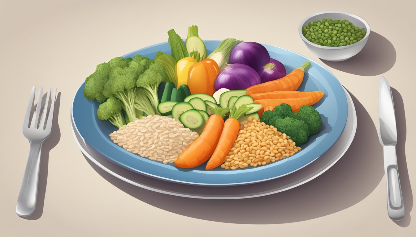 A colorful plate with measured portions of healthy foods, including vegetables, lean protein, and whole grains, with a small serving of poi