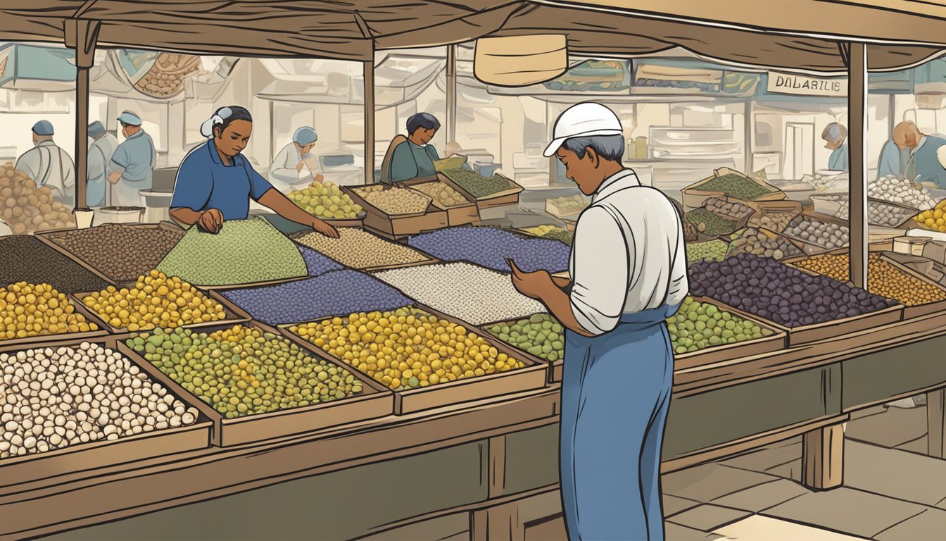 A diabetic person carefully selecting and inspecting periwinkles at a market, with a sign nearby listing dietary considerations