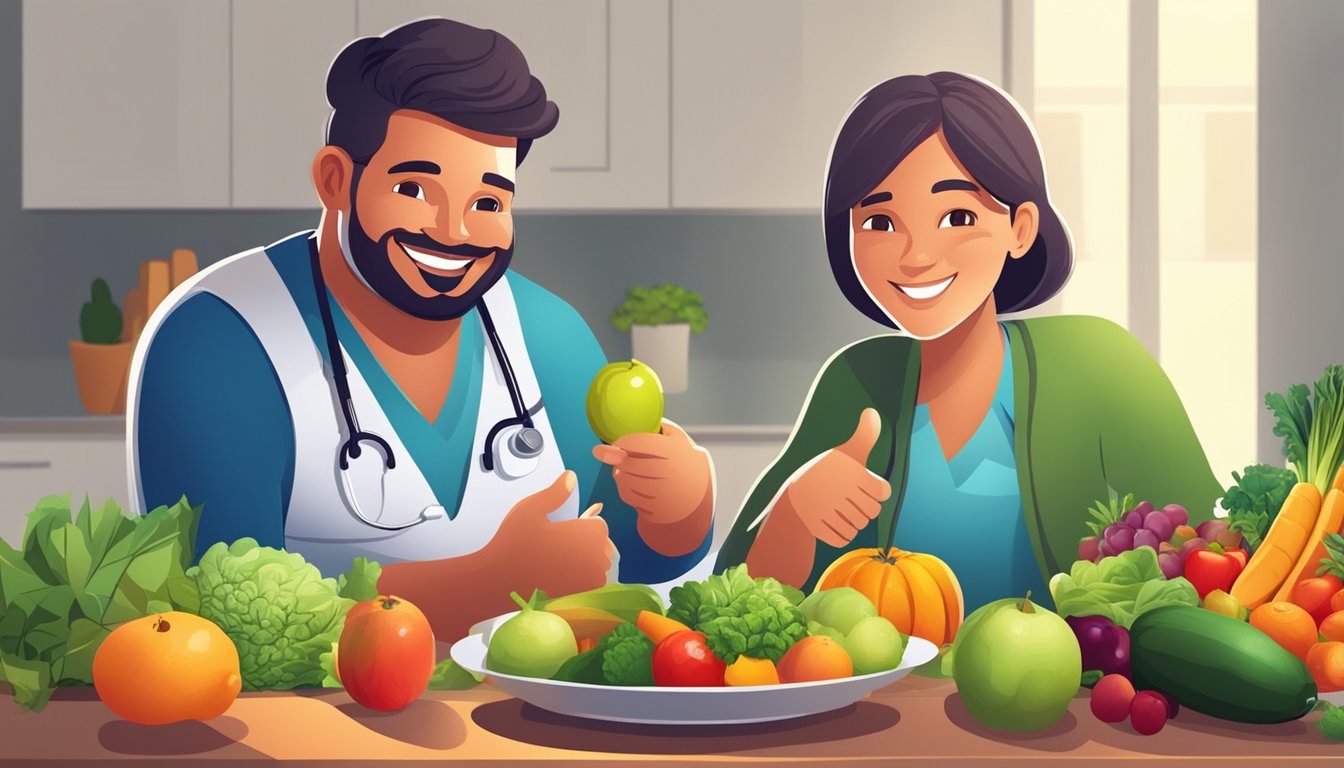 A person with diabetes happily eating poi, surrounded by fresh fruits and vegetables, with a doctor or nutritionist smiling and giving a thumbs up