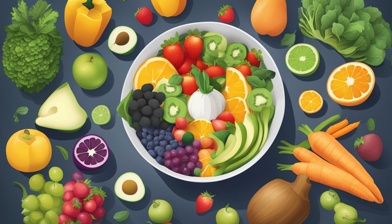 A bowl of freshly prepared poi surrounded by a variety of colorful fruits and vegetables, with a nutritionist's guide to optimal nutritional value in the background