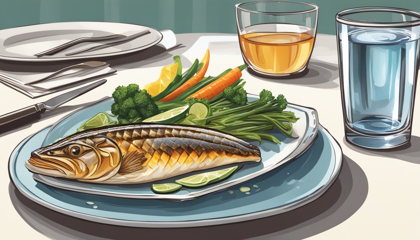 A diabetic person sitting at a dining table with a plate of grilled pike, vegetables, and a glass of water, while reading a book about diabetes and diet