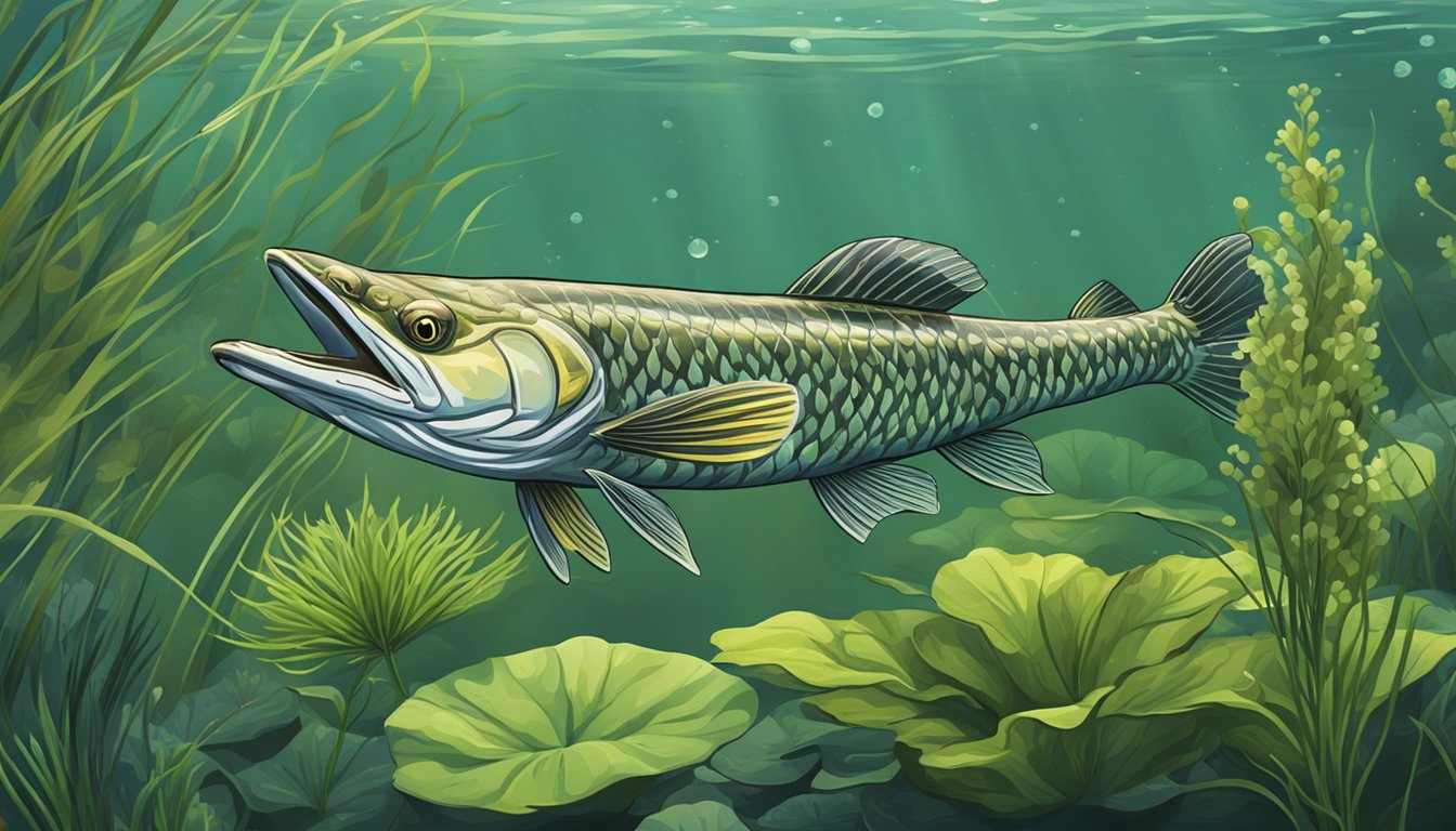 A pike swimming in clear water, surrounded by aquatic plants and small fish