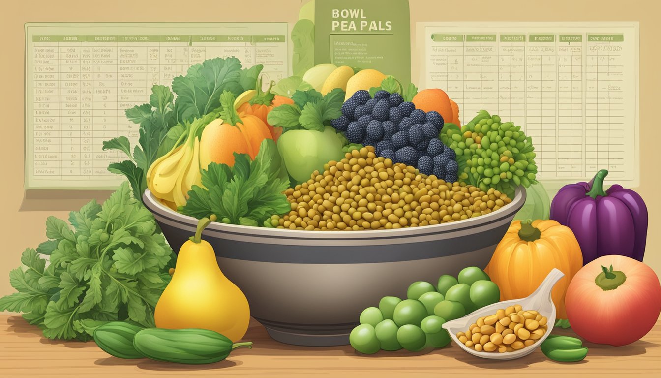 A bowl of pigeon peas surrounded by various fruits and vegetables, with a nutritional chart in the background