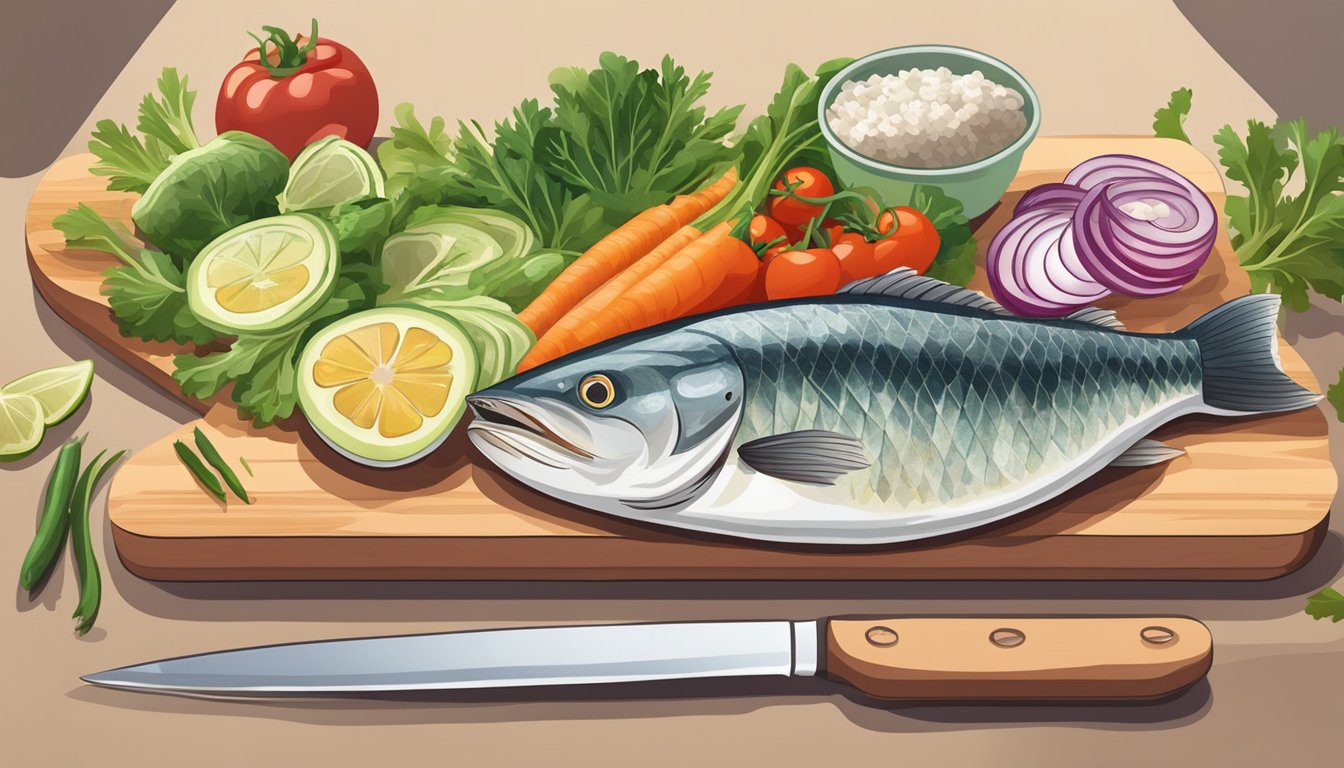 A diabetic-friendly meal being prepared with fresh vegetables and a piece of pike fish on a cutting board