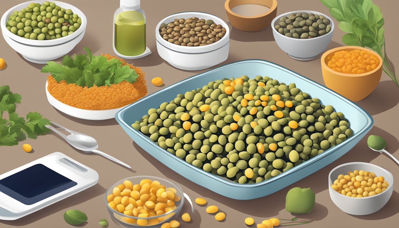 A plate of pigeon peas surrounded by healthy diabetic-friendly foods, with a nutrition label and a diabetic monitoring device nearby