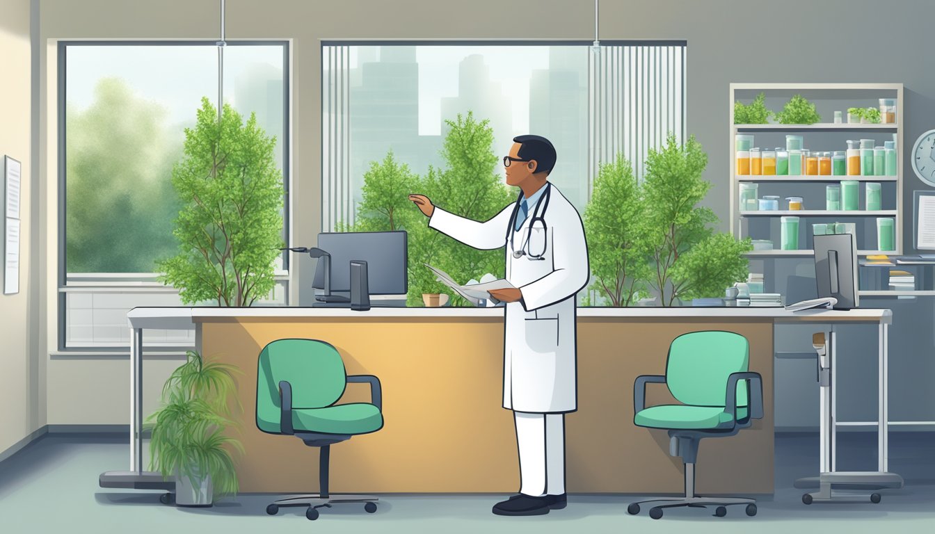 A doctor and a diabetic patient discuss pigeon peas and health impacts in a medical office