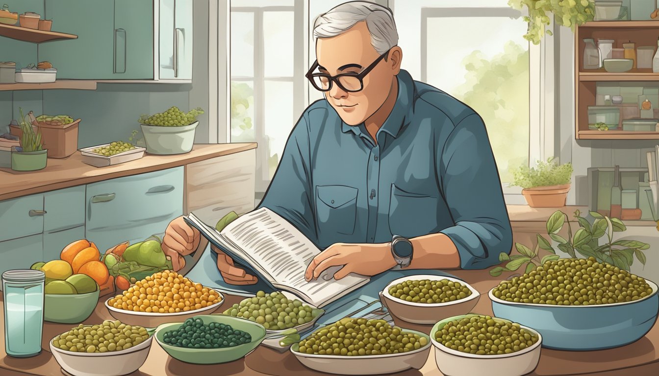 A diabetic person sitting at a table, surrounded by various food items including pigeon peas, while reading a book about nutritional considerations for diabetics