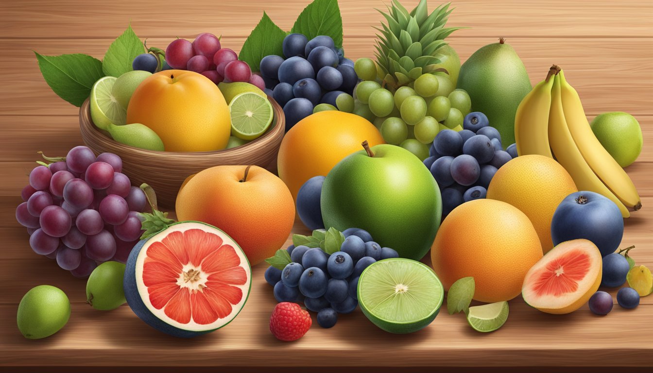 A group of assorted fruits, including quenepa, arranged on a wooden table, with a diabetic-friendly symbol next to the quenepa