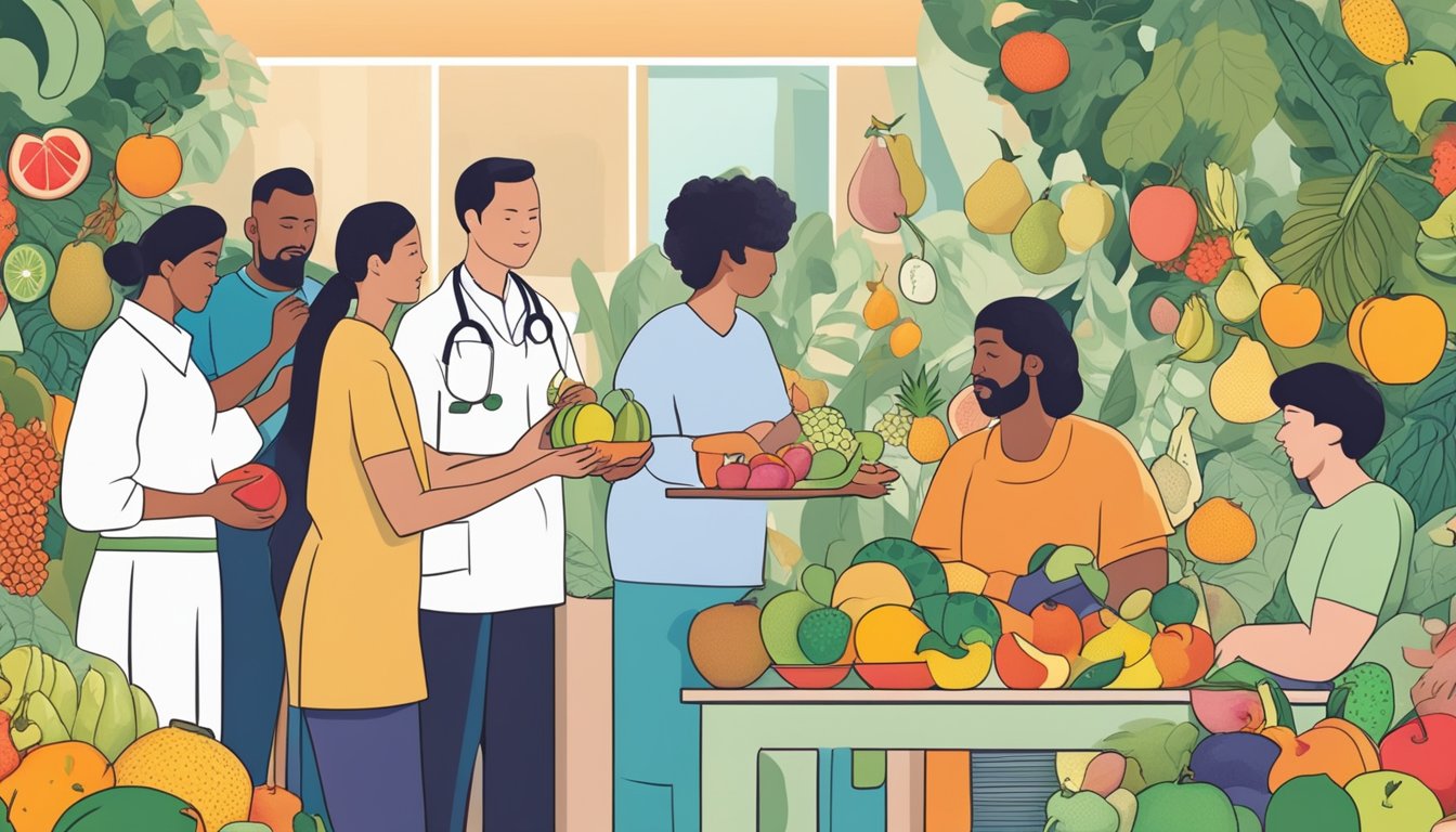 A diabetic person holding a quenepa fruit while surrounded by a variety of other fruits and a nutritionist providing guidance