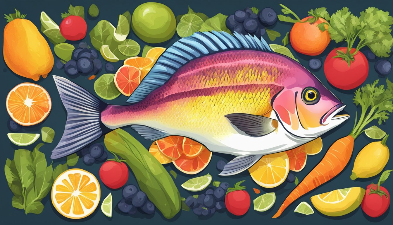 A pompano fish surrounded by a variety of colorful fruits and vegetables, with a nutrition label in the background