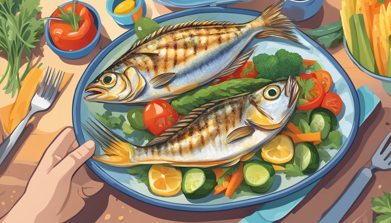 A person with diabetes happily eating a grilled pompano with a variety of colorful vegetables on the side