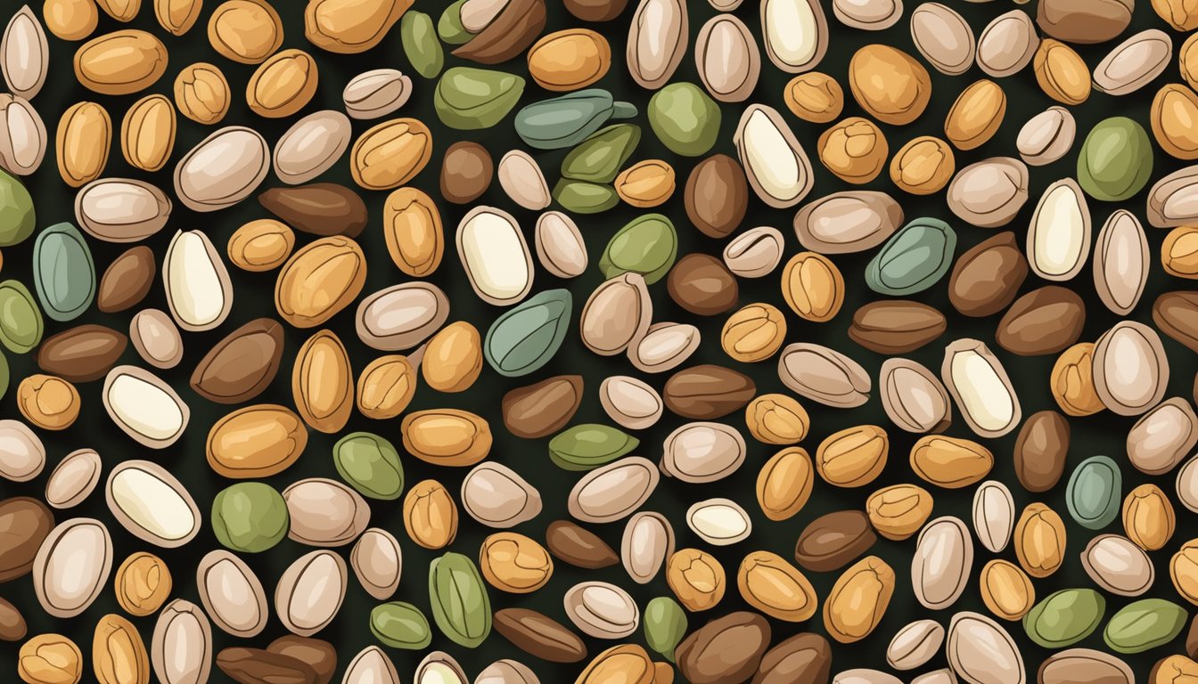 A colorful array of legumes, including pinto beans, arranged in a visually appealing manner, with a focus on their texture and size differences