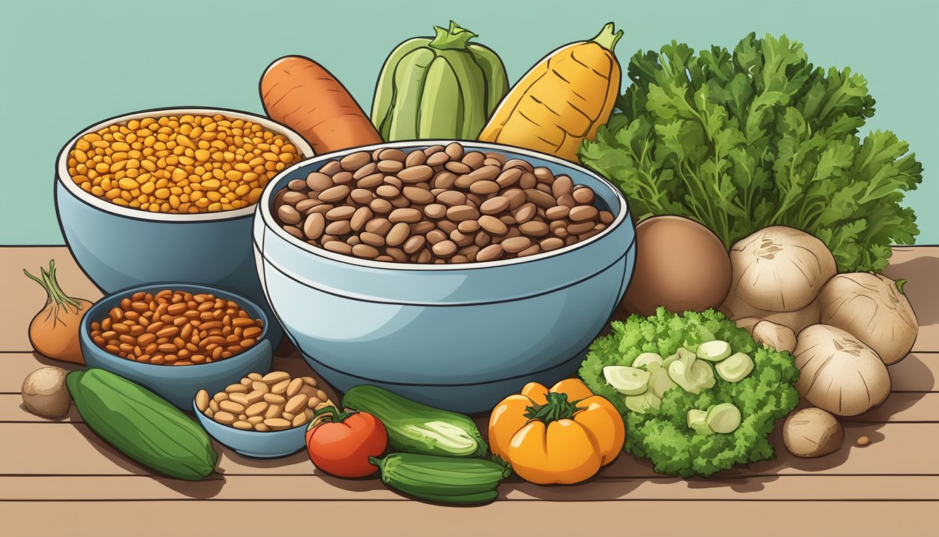 A bowl of pinto beans surrounded by a variety of colorful vegetables and grains, with a diabetic-friendly meal plan in the background