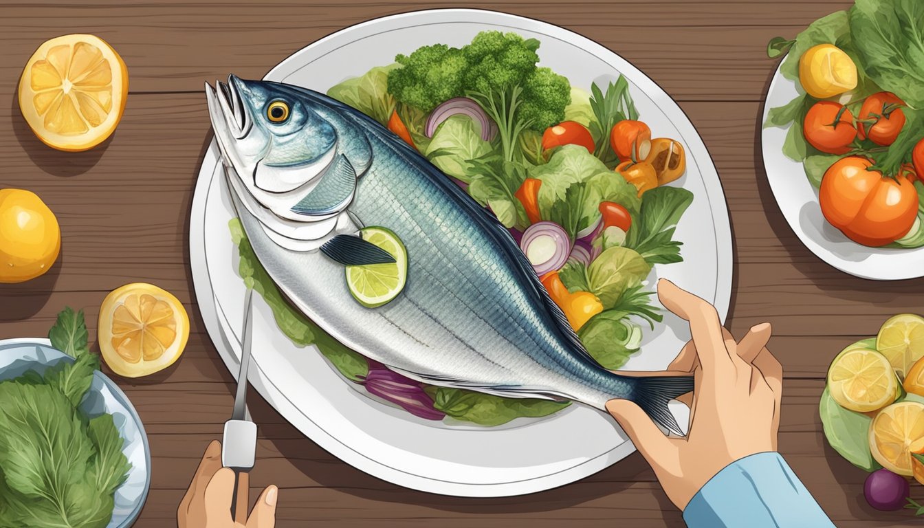 A dietician pointing to a plate of grilled pompano with various vegetables and explaining its suitability for diabetics