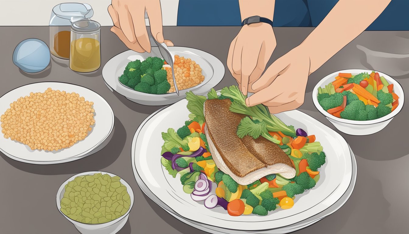 A person with diabetes preparing a plate of pollock with a variety of colorful vegetables and whole grains on the side