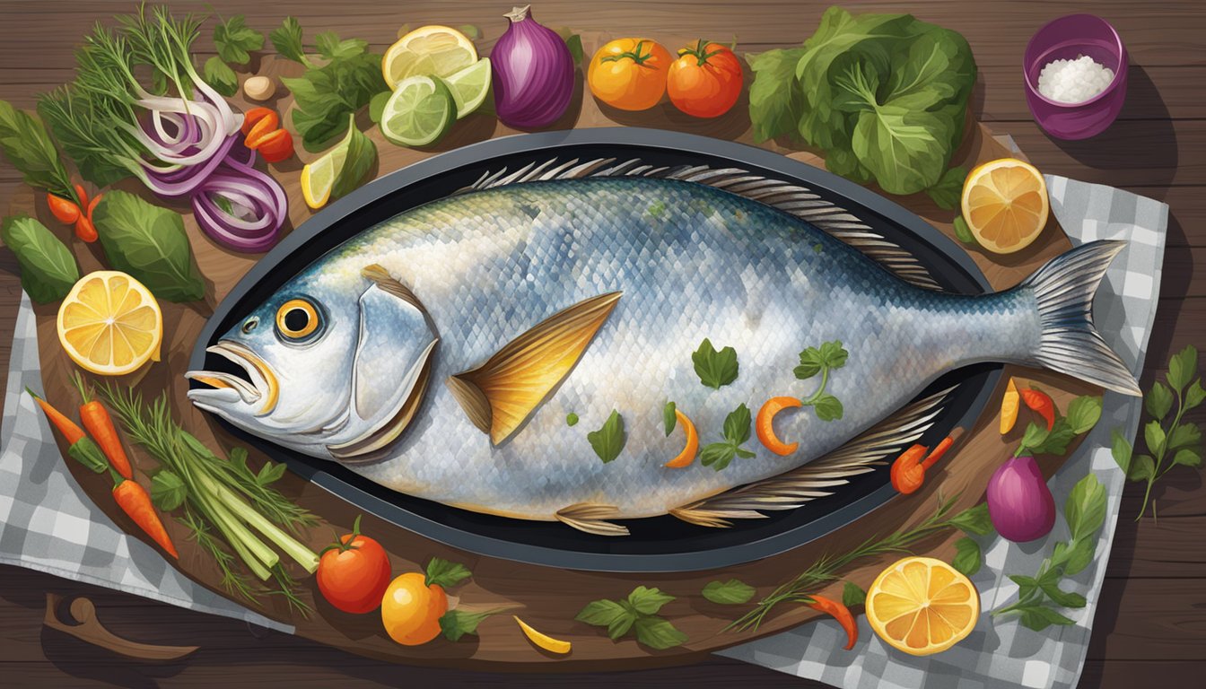 A person grilling a whole pompano fish on a barbecue grill, surrounded by colorful vegetables and herbs