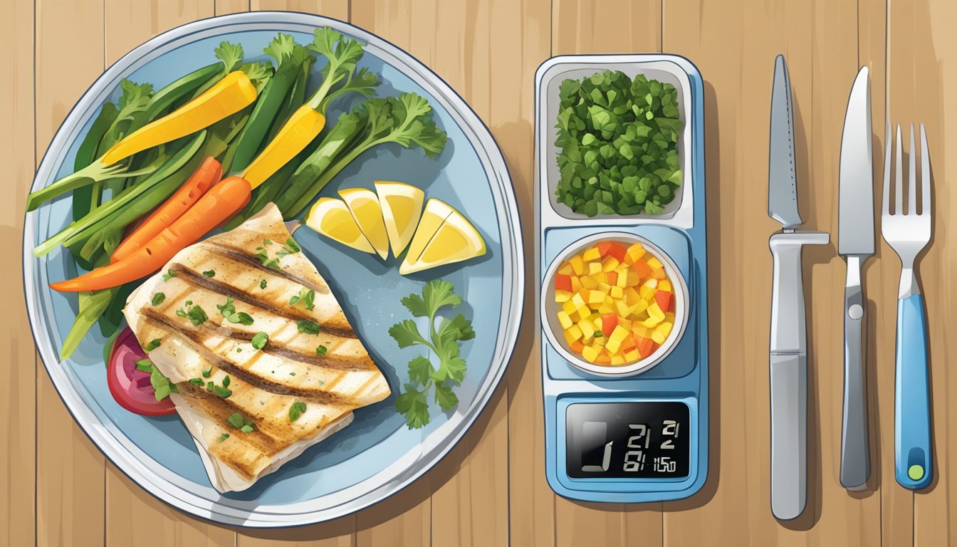 A plate of grilled pollock with colorful vegetables, a measuring tape, and a blood sugar monitor on a kitchen counter