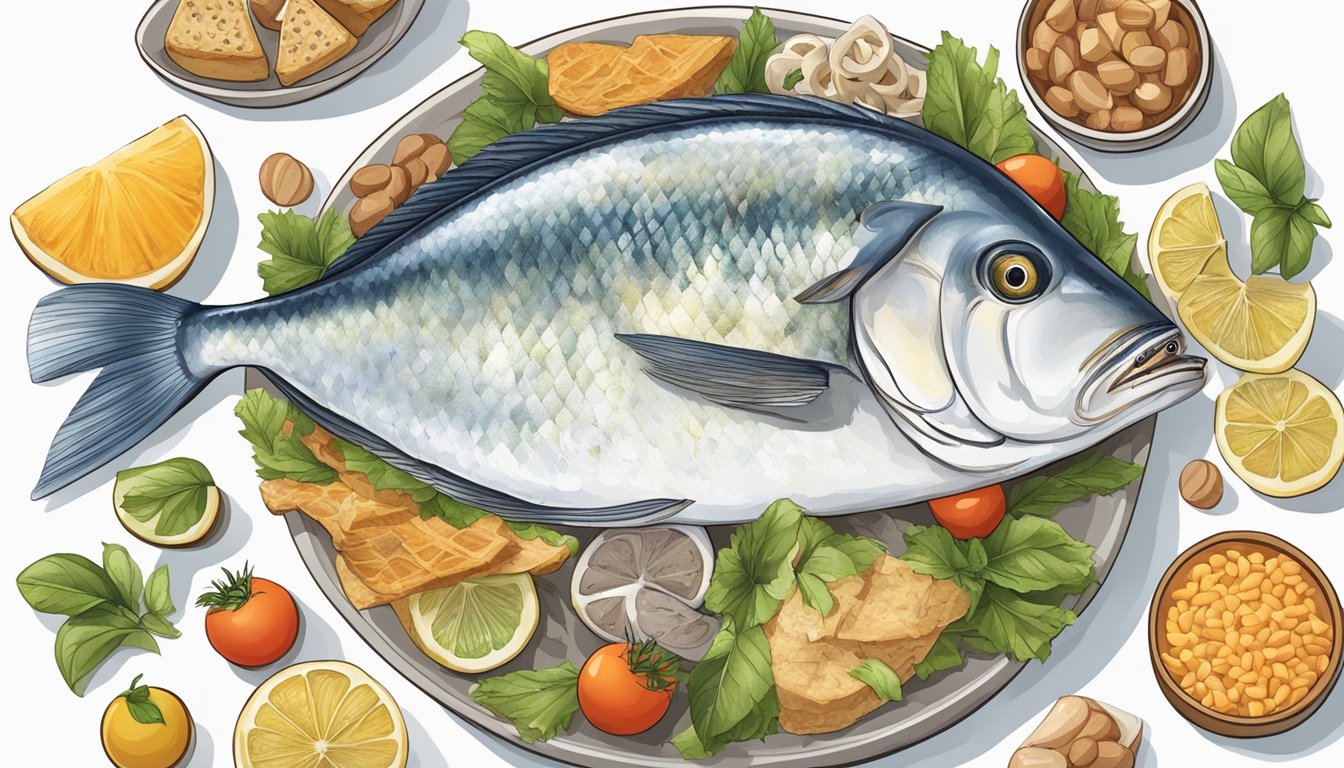 A plate with a whole pompano fish surrounded by various foods to limit or avoid in a diabetic diet, such as sugary desserts, white bread, and processed snacks