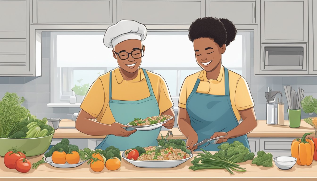 A diabetic person happily preparing a delicious pollock dish with fresh vegetables and whole grains on a clean, organized kitchen counter