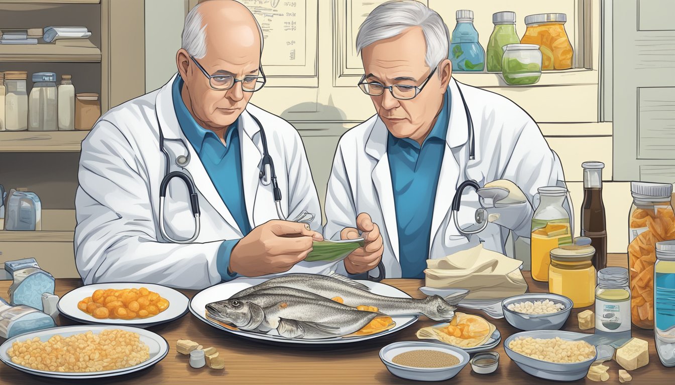 A diabetic cautiously examines a plate of pollock, surrounded by nutritional information and medical supplies