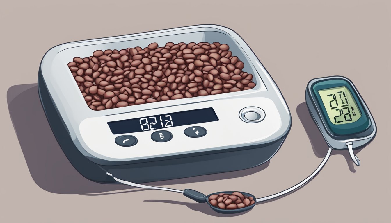 A bowl of red beans next to a blood sugar monitor, with the monitor showing a stable reading