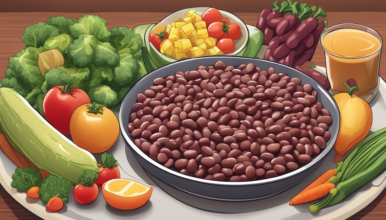 A plate of cooked red beans surrounded by a variety of fresh vegetables and fruits, with a diabetic-friendly meal plan in the background