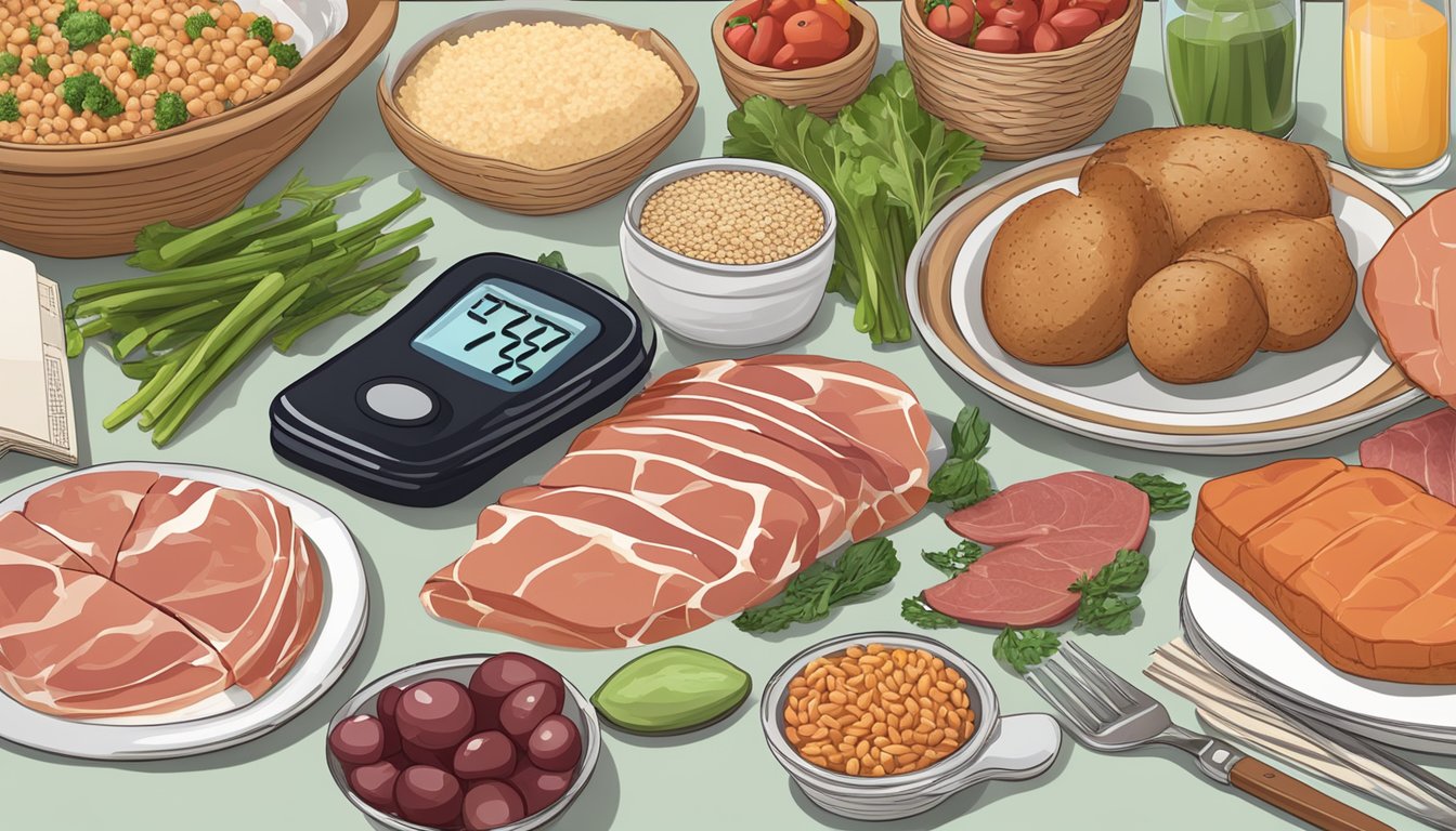 A table set with a variety of foods, including prosciutto, vegetables, and whole grains, with a diabetes education book and a blood glucose monitor nearby