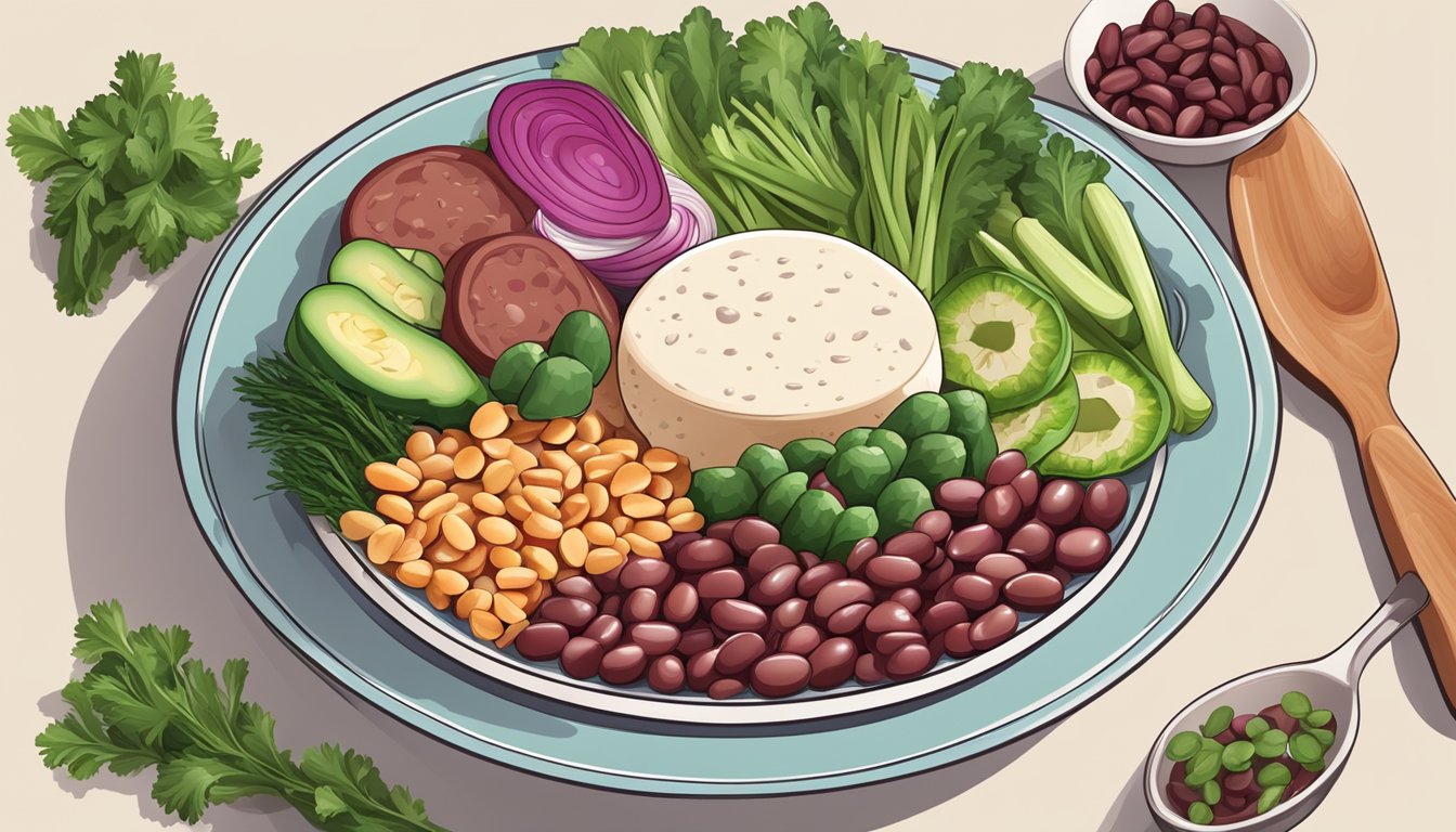 A colorful plate with a portion of red beans, surrounded by a variety of fresh vegetables and a small portion of lean protein