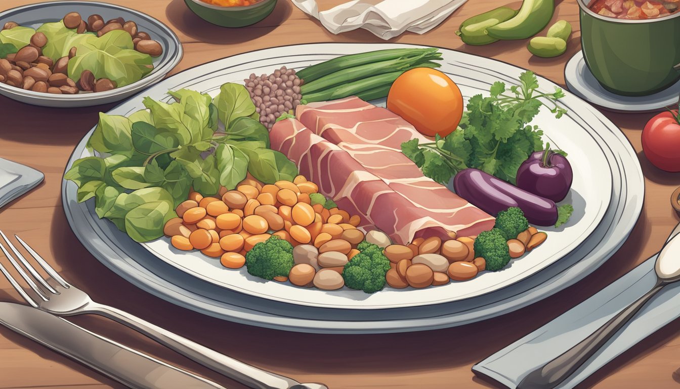 A plate with a variety of foods, including prosciutto, vegetables, and legumes, sits on a table labeled "Diabetic Diet."