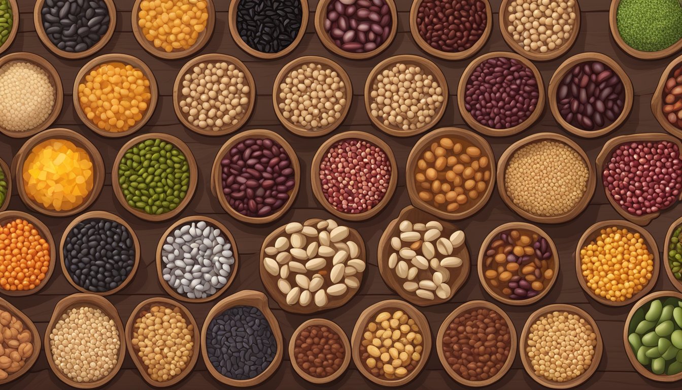 A colorful assortment of beans, including red kidney beans, black beans, and chickpeas, arranged on a wooden cutting board with a variety of alternative options like lentils and quinoa