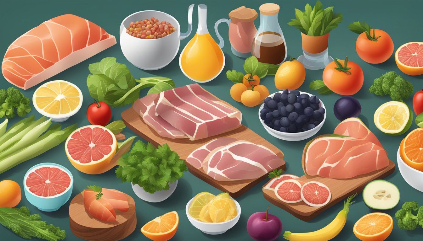 A table with a variety of diabetic-friendly foods, including prosciutto, surrounded by fresh fruits and vegetables