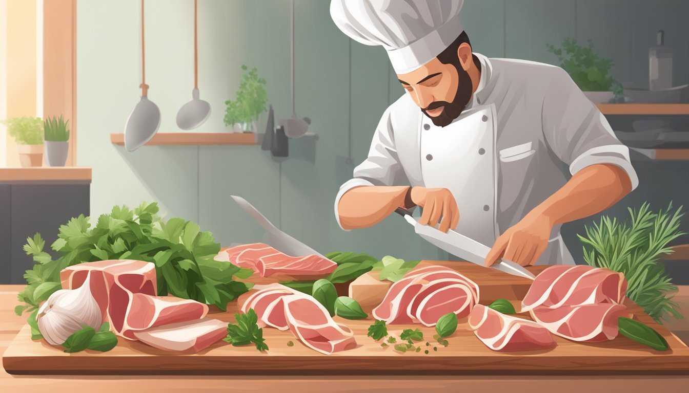 A chef slices prosciutto on a wooden cutting board, surrounded by fresh herbs and ingredients for a healthy diabetic-friendly meal