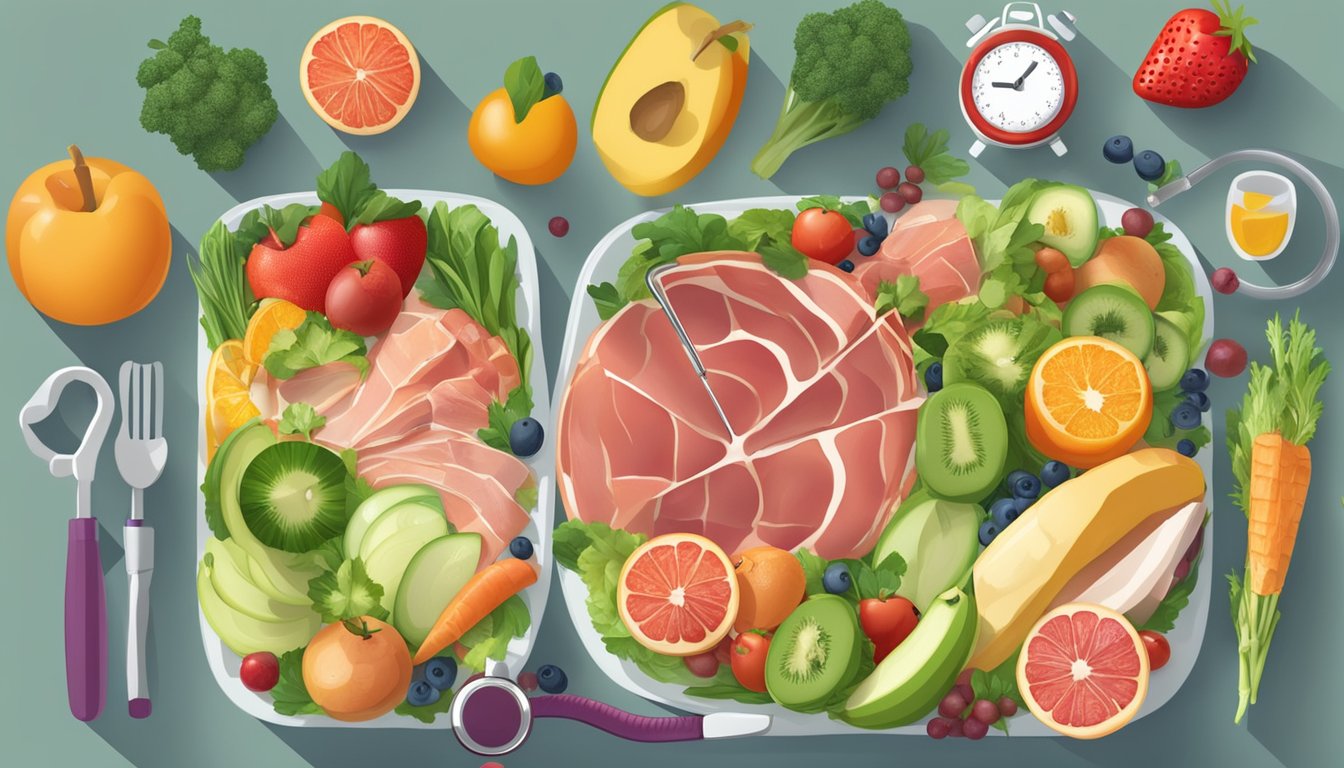 A plate with a variety of healthy foods, including prosciutto, surrounded by fruits and vegetables, with a measuring tape and a doctor's stethoscope nearby