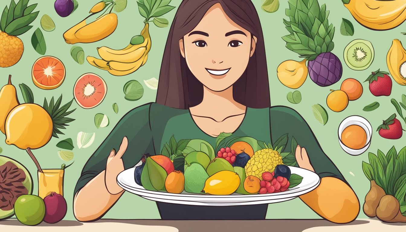 A dietician holding a plate of rambai fruit surrounded by healthy food options