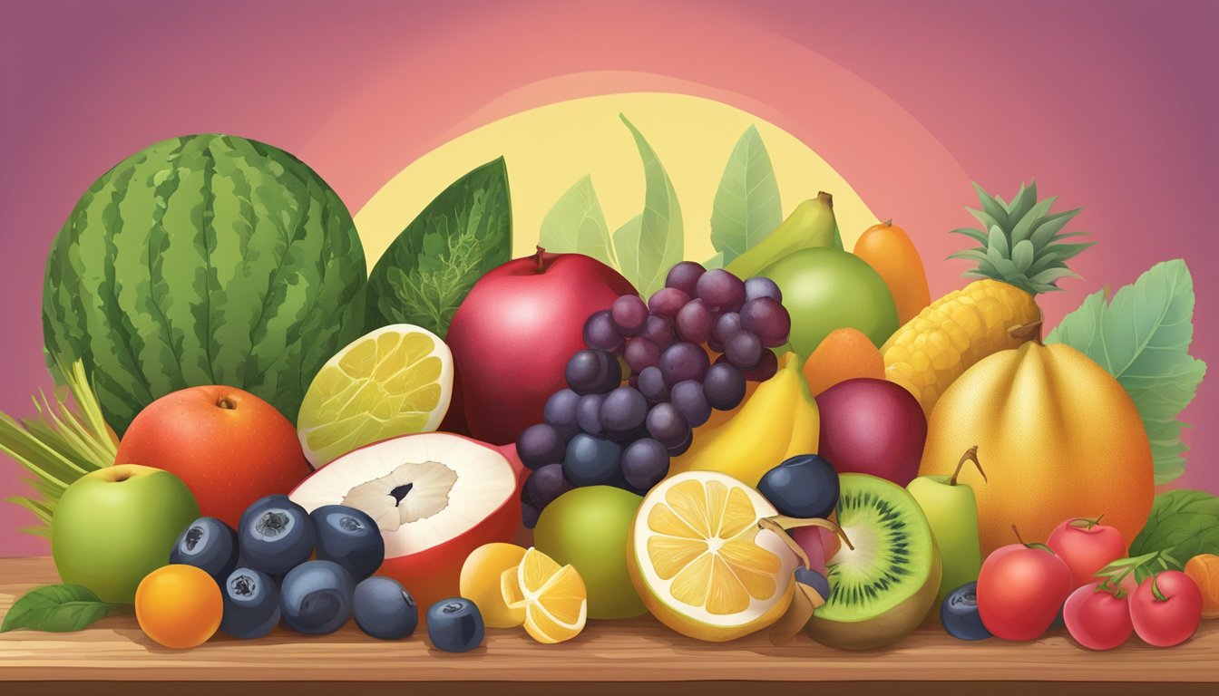 A colorful illustration of ripe rambai fruit surrounded by a variety of healthy food items, with a focus on nutritional labels and a red circle with a line through it over a symbol of diabetes