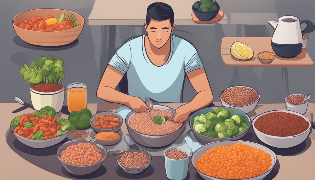 A diabetic person sitting at a table with a bowl of cooked red rice, surrounded by various nutritious food items like vegetables, fruits, and lean protein sources