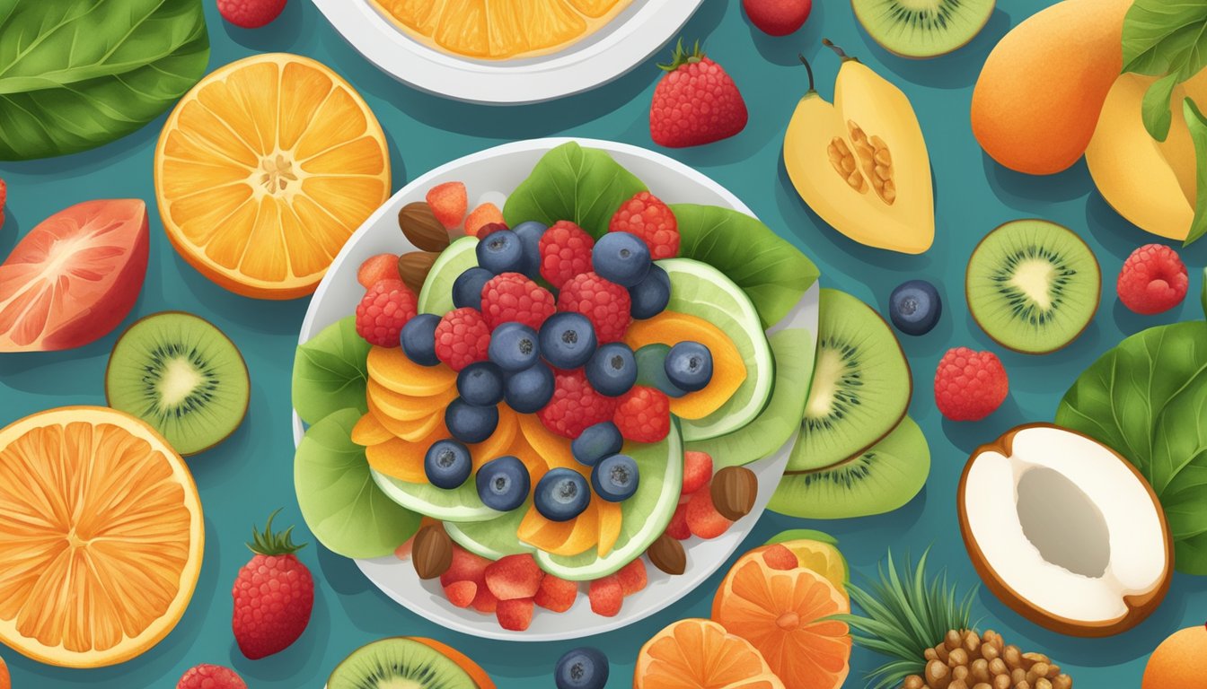 A colorful illustration of a diabetic-friendly meal with Rambai fruit as the focal point, surrounded by other healthy food options