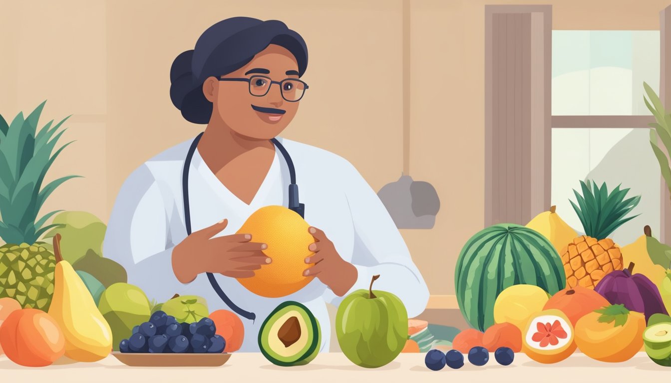 A diabetic holding a ripe rambai fruit, surrounded by various fruits and a nutritionist providing advice