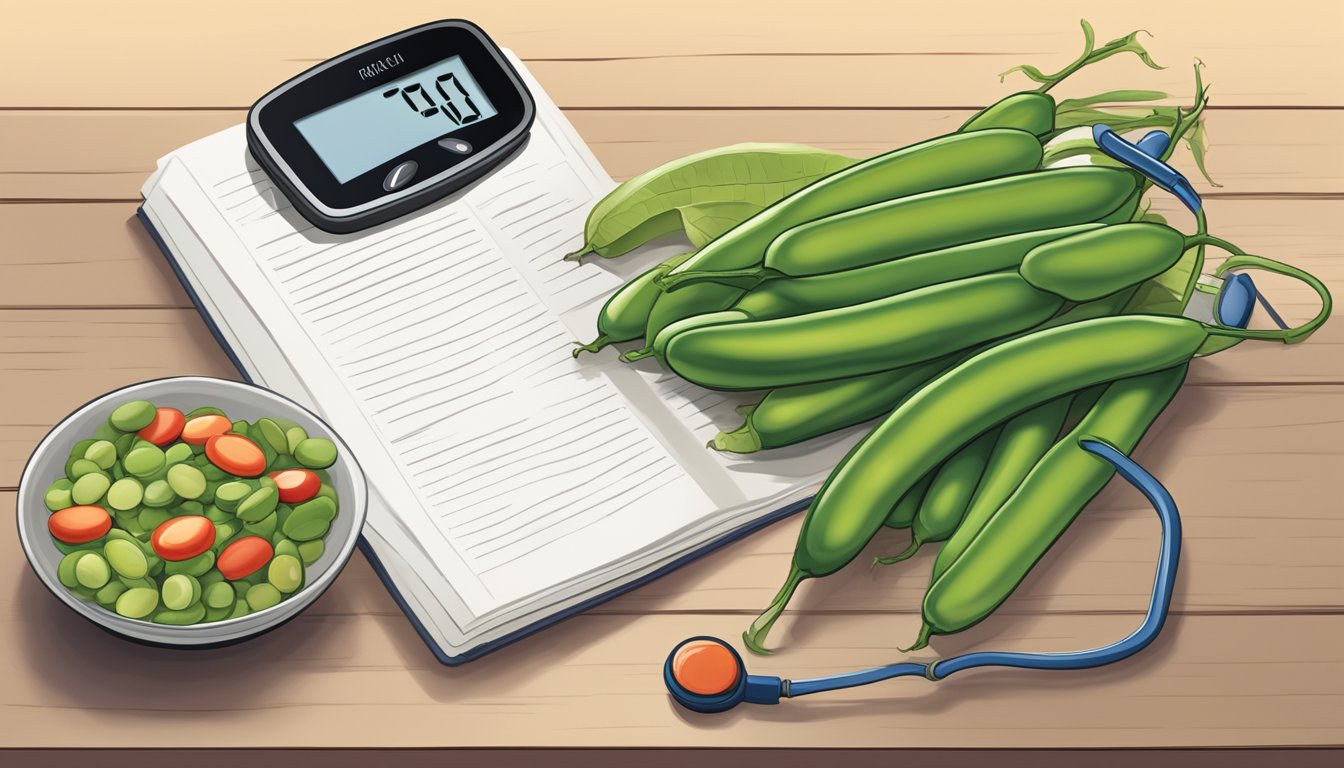 A plate of runner beans, a diabetic-friendly food, sits next to a diabetes education book and a blood glucose monitor