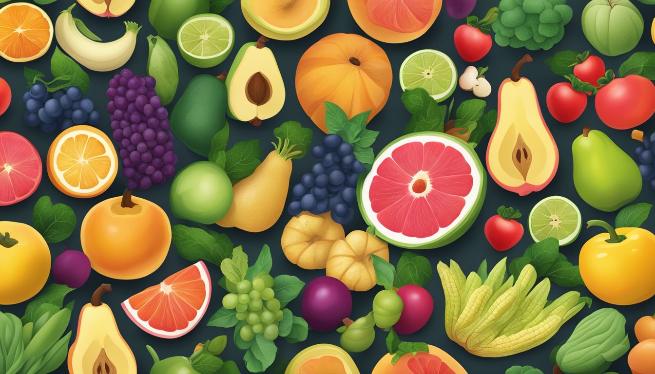 A colorful array of fruits and vegetables, with a prominent quince, surrounded by a variety of healthy foods