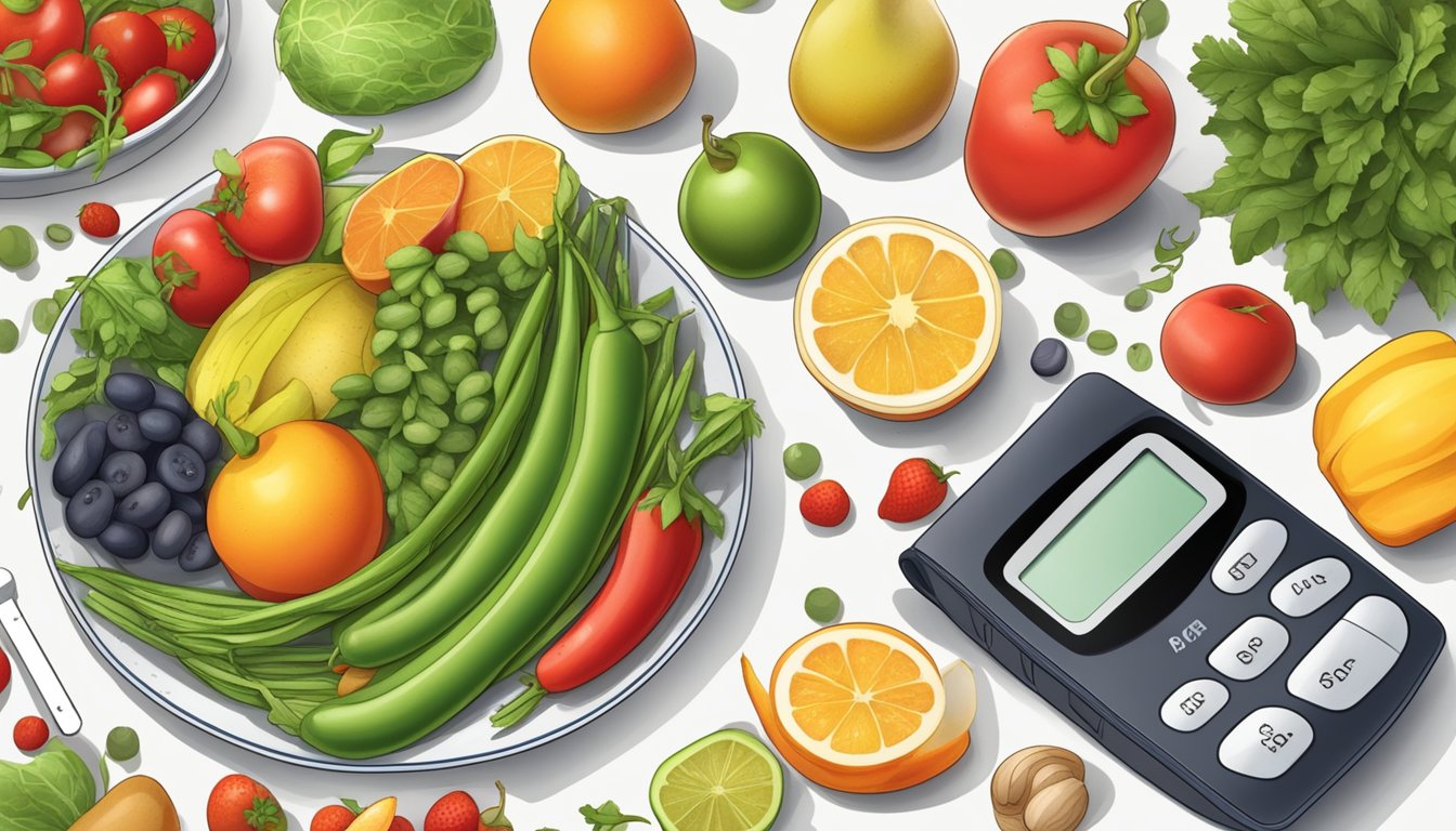 A plate of cooked runner beans surrounded by various fruits and vegetables, with a measuring tape and a blood glucose monitor nearby