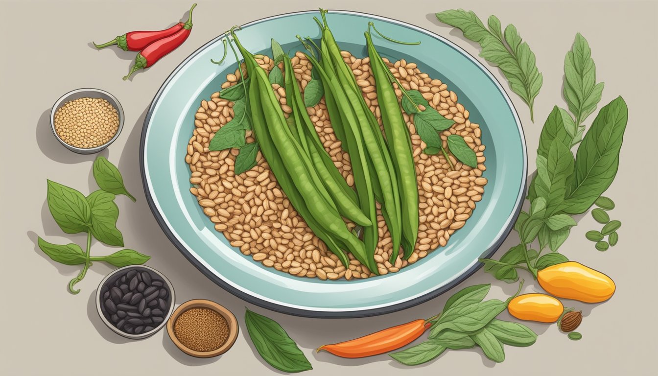 A colorful plate of runner beans, whole grains, and lean protein, surrounded by fresh herbs and spices