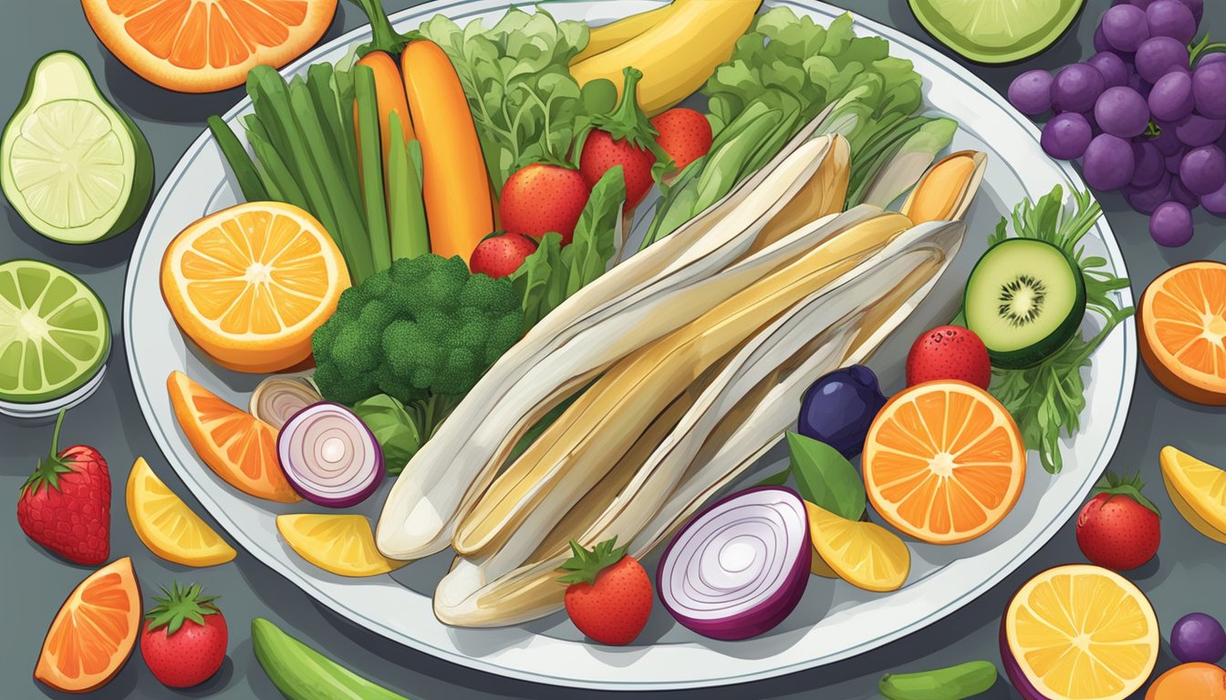 A plate of razor clams surrounded by colorful fruits and vegetables, with a nutrition label and a "diabetic-friendly" symbol displayed prominently