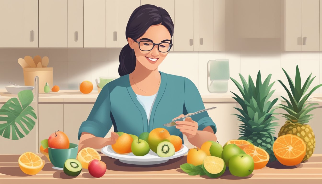 A diabetic person enjoying a plate of fruit and a small amount of rapadura as a sweetener, with a nutritionist providing guidance